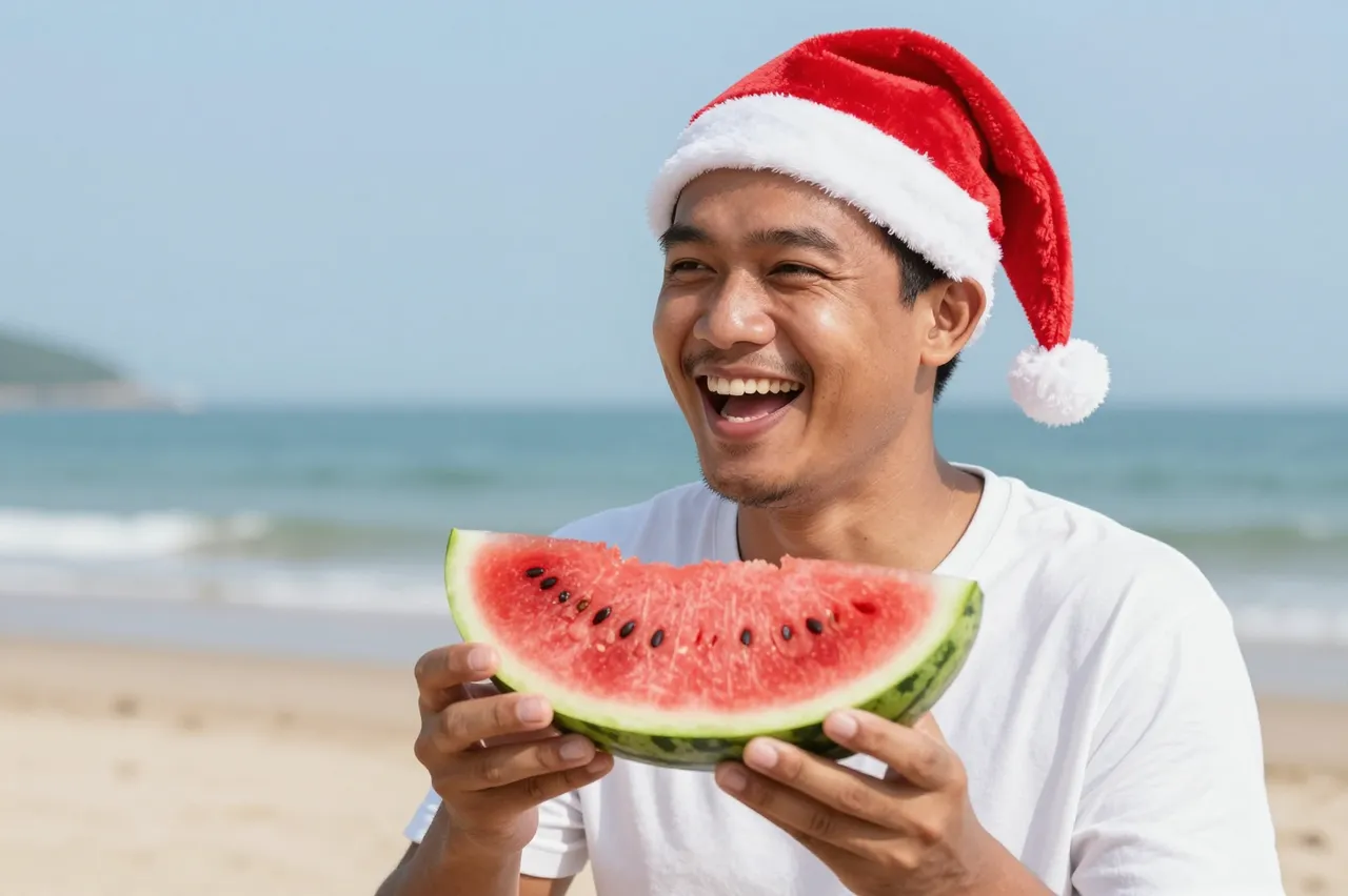 Laughing Southeast Asian man in a Santa hat holds a watermelon slice on a sunny beach
