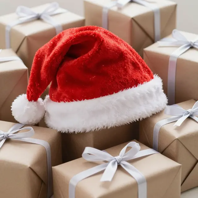 A plush red Santa hat rests centered on a cluster of kraft wrapped gift boxes with silver satin bows.
