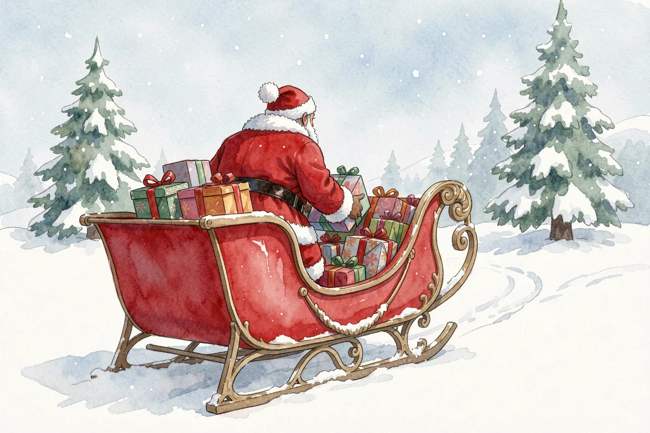 Back view of Santa Claus arranging wrapped gifts in his red sleigh on a snowy winter day