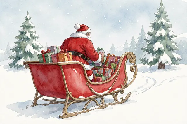 Back view of Santa Claus arranging wrapped gifts in his red sleigh on a snowy winter day