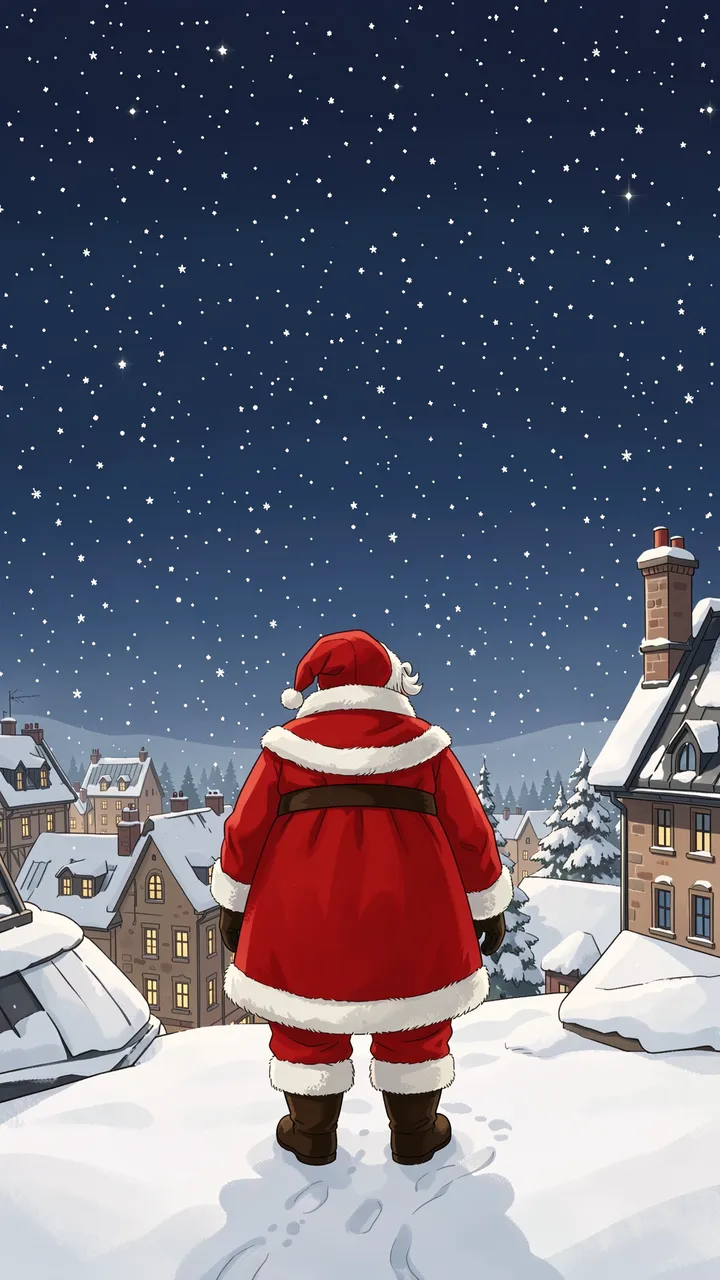 Santa Claus viewed from behind stands on a snowy rooftop overlooking a village under a starry night sky