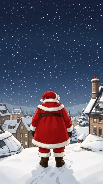 Santa Claus viewed from behind stands on a snowy rooftop overlooking a village under a starry night sky