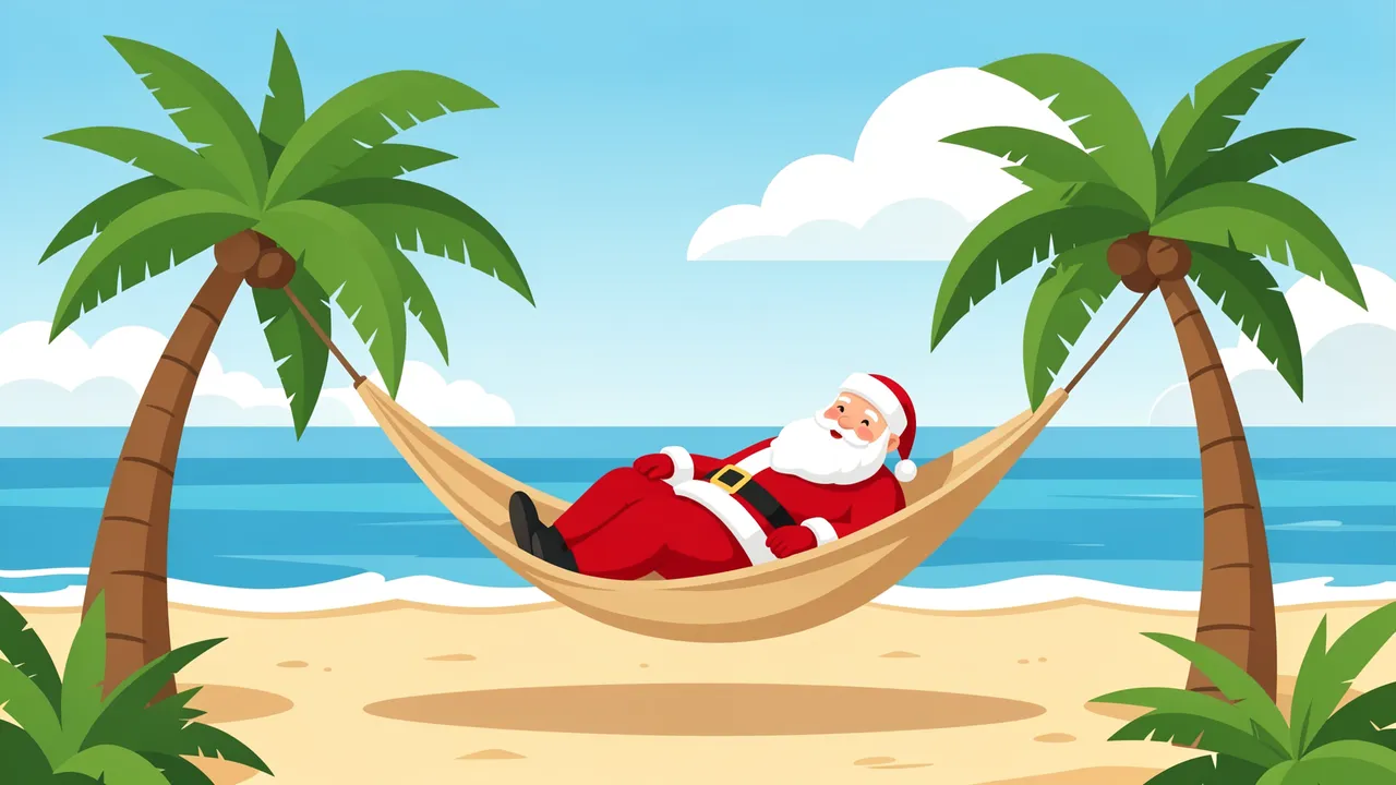 Santa Claus reclines in a beige hammock strung between palm trees on a sunny tropical beach