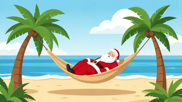 Santa Claus reclines in a beige hammock strung between palm trees on a sunny tropical beach