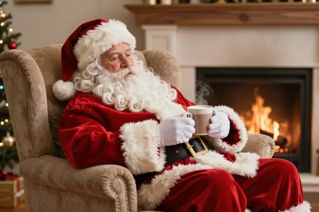 Santa Claus sits asleep in a plush armchair holding a steaming mug of cocoa beside a lit fireplace