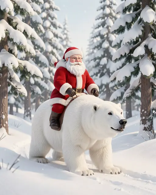 3D render of Santa Claus riding a polar bear through a snow-covered pine forest