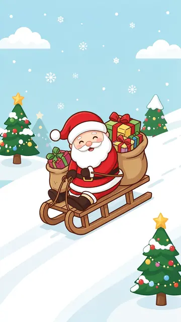 Cute flat illustration of Santa Claus riding a wooden sled down a snowy holiday hillside with gift sacks