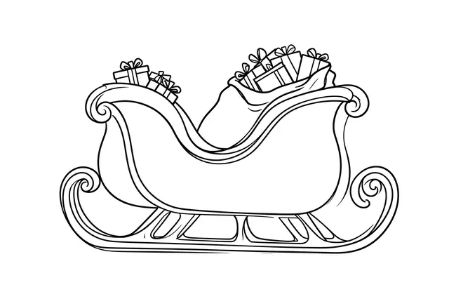 Simple black line drawing of Santa's sleigh with curled runners and stacked gift sacks on a white background