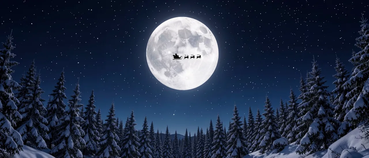 Silhouette of Santa's sleigh and reindeer crosses a bright full moon above a snow-covered pine forest at starry night