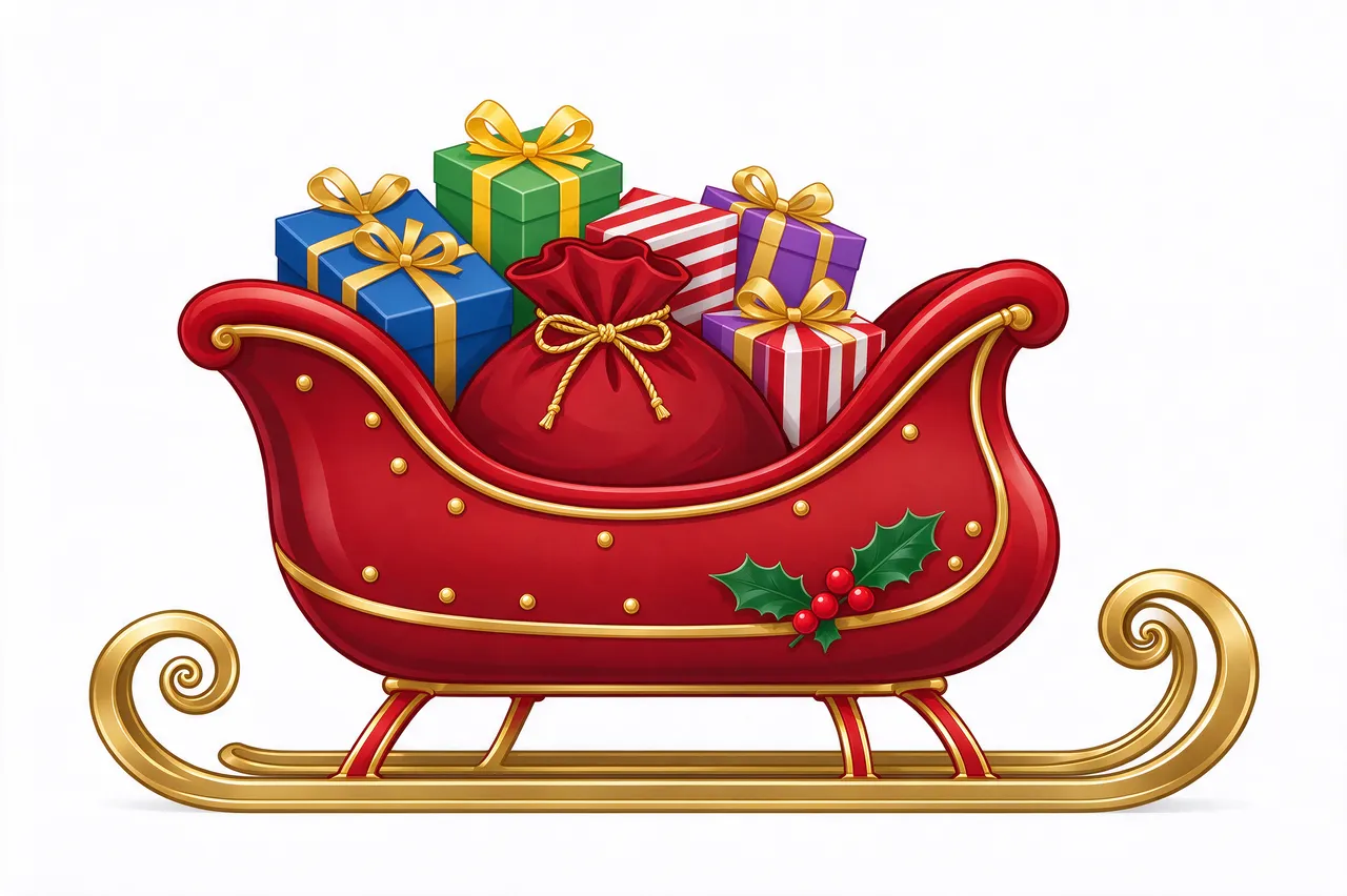 A red Santa sleigh with curled gold runners holds a gift sack and wrapped presents on a plain white background