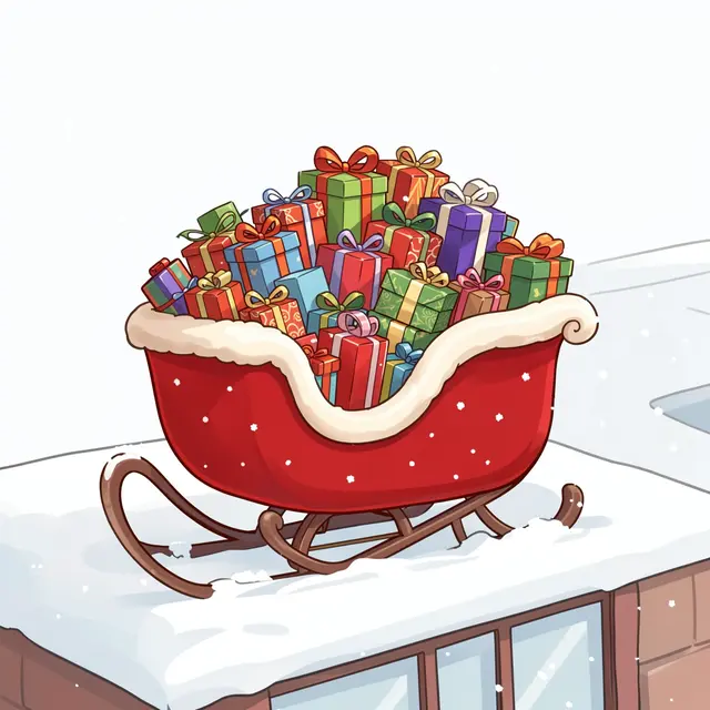 A red fur-trimmed Santa sleigh piled with wrapped gift boxes rests on a snow-covered rooftop under falling snow.