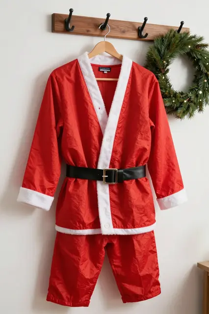 Red Santa costume hangs on a wooden coat rack next to a lit evergreen wreath against a white wall.