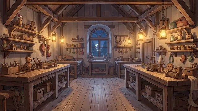 Cozy empty Santa's workshop interior at night with wooden workbenches, toys and glowing lanterns under a starry crescent