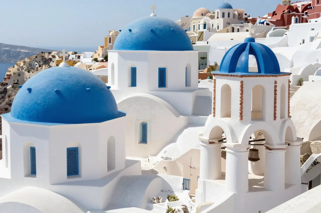 Sunlit whitewashed buildings with bright blue domes overlook the Aegean sea on a Greek island.