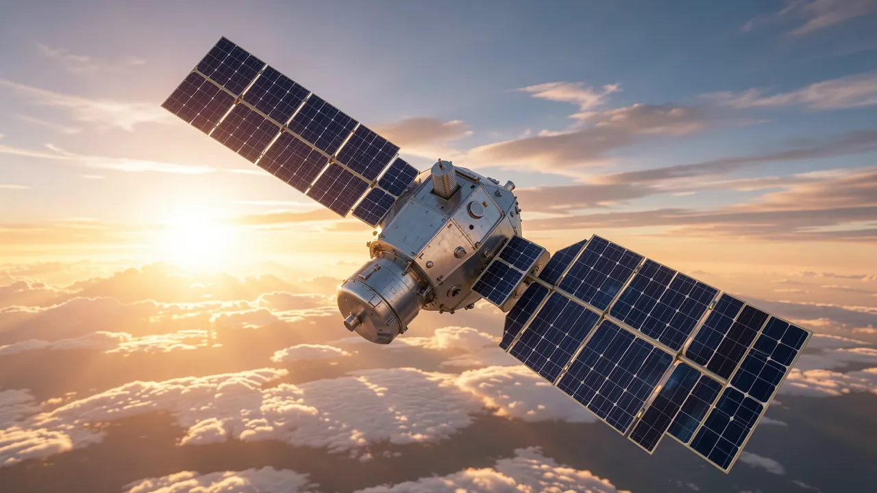 A communications satellite with extended solar panels floats above cloud layers during orbital sunrise