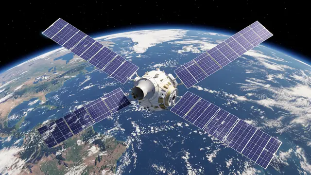 A 3D rendered satellite with extended solar panels floats above Earth in starry outer space