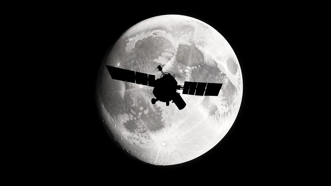 A black satellite silhouette crosses in front of a detailed full moon against a black starless sky