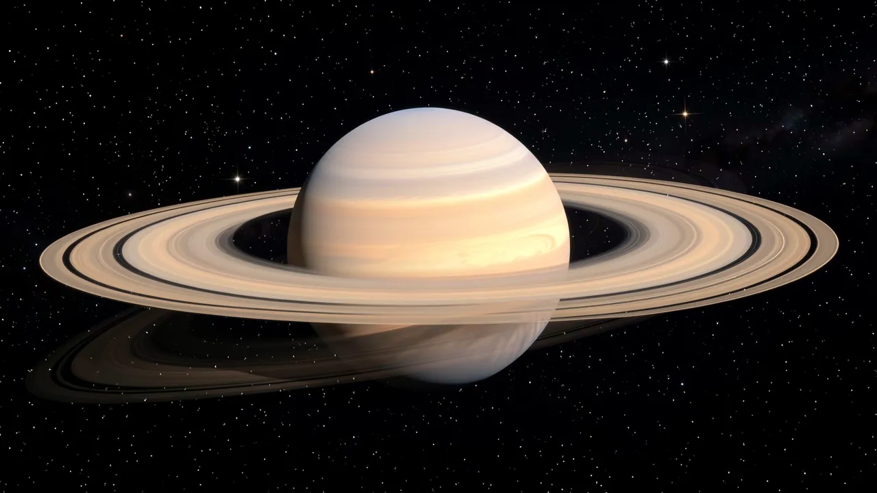 Ringed Saturn sits centered against a dark field of distant stars in deep outer space