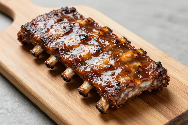 Glazed barbecue ribs coated in thick sauce rest on a light wooden serving board over a gray countertop