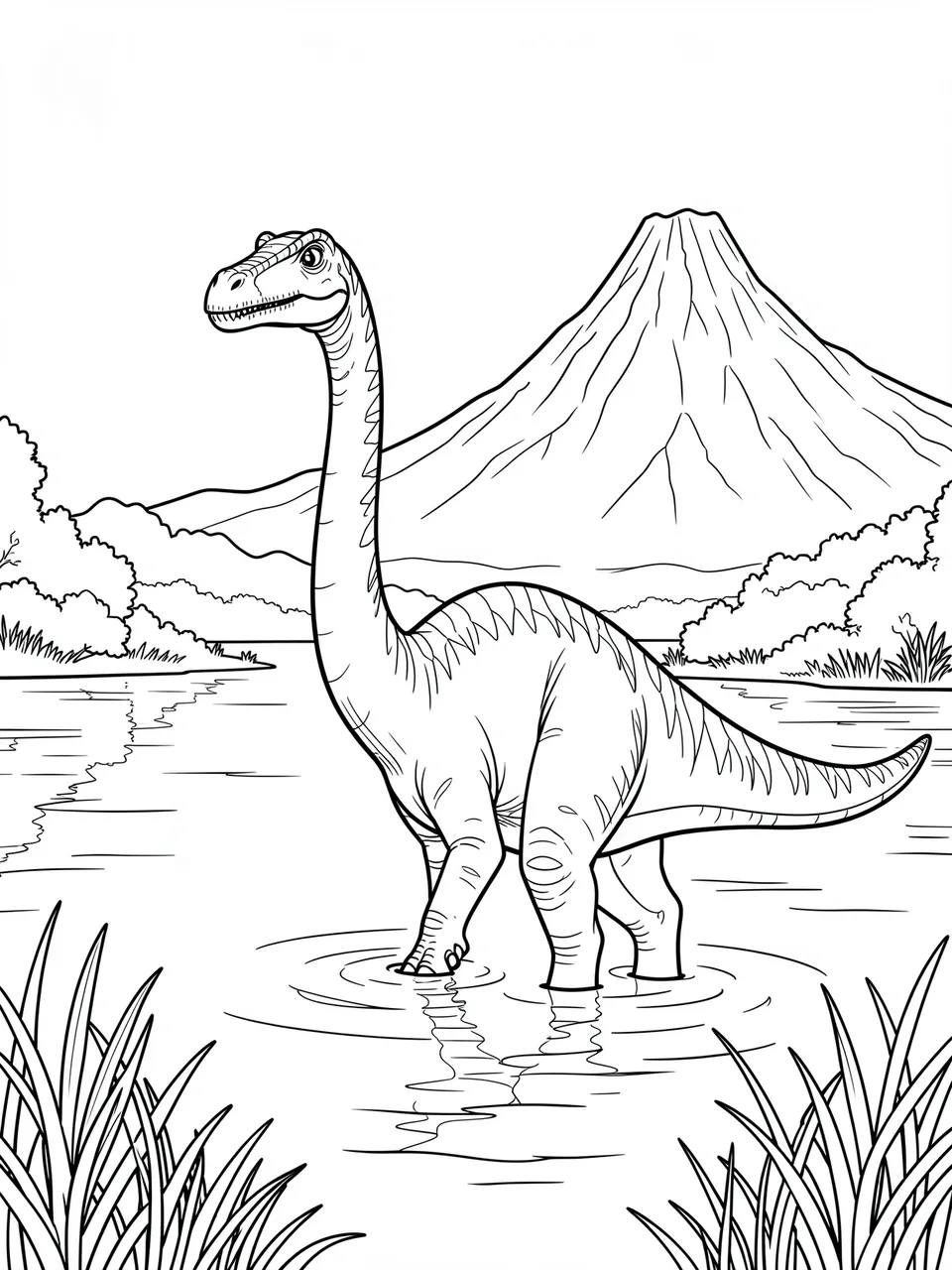 Black and white line art coloring page of a long-necked sauropod dinosaur wading in a lake with a volcano in the distance