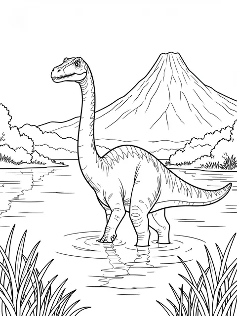 Black and white line art coloring page of a long-necked sauropod dinosaur wading in a lake with a volcano in the distance