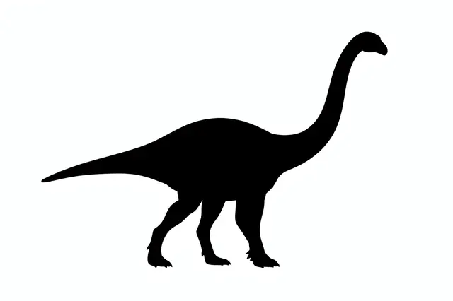 Solid black silhouette of a long-necked sauropod dinosaur on a plain white background