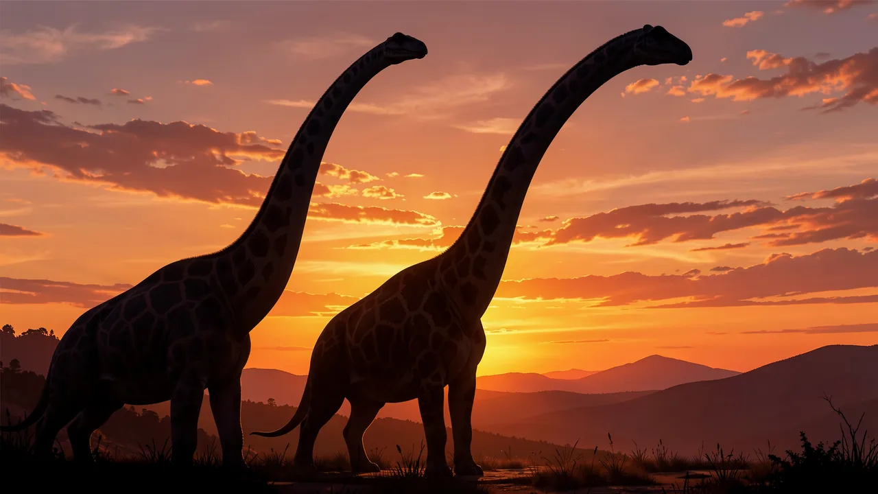 Two long-necked sauropod silhouettes stand against a glowing prehistoric orange sunset sky over distant hills