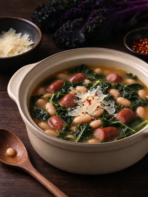 Cream ceramic pot of sausage, white bean and kale soup topped with parmesan and chili flakes on a dark wooden table