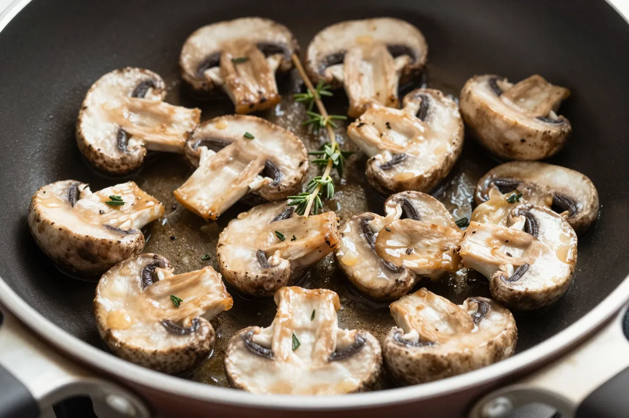 Sliced sauteed button mushrooms with fresh thyme sit glistening in a nonstick frying pan