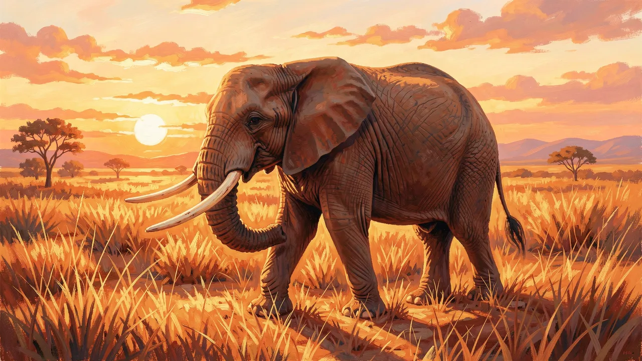 Acrylic painting of an elephant walking across sunlit dry savanna grassland at warm golden sunset