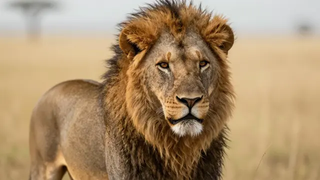 Close up of a male lion with a dark windblown mane standing against a hazy golden savanna background