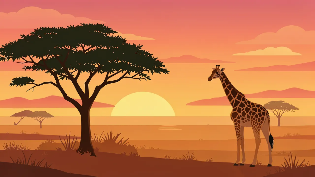 A flat vector savanna landscape at warm sunset features an acacia tree and a standing lone giraffe