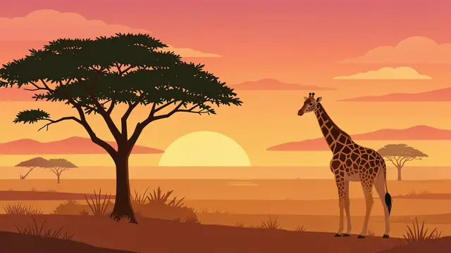 A flat vector savanna landscape at warm sunset features an acacia tree and a standing lone giraffe