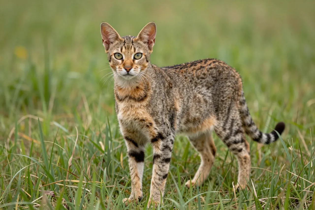 A spotted savannah cat with large pointed ears stands alert in tall green grass looking at the camera