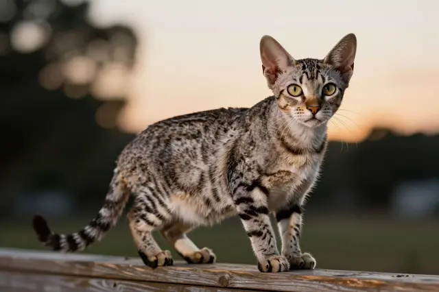 Spotted savannah cat with large ears stands on a wooden fence during warm sunset light