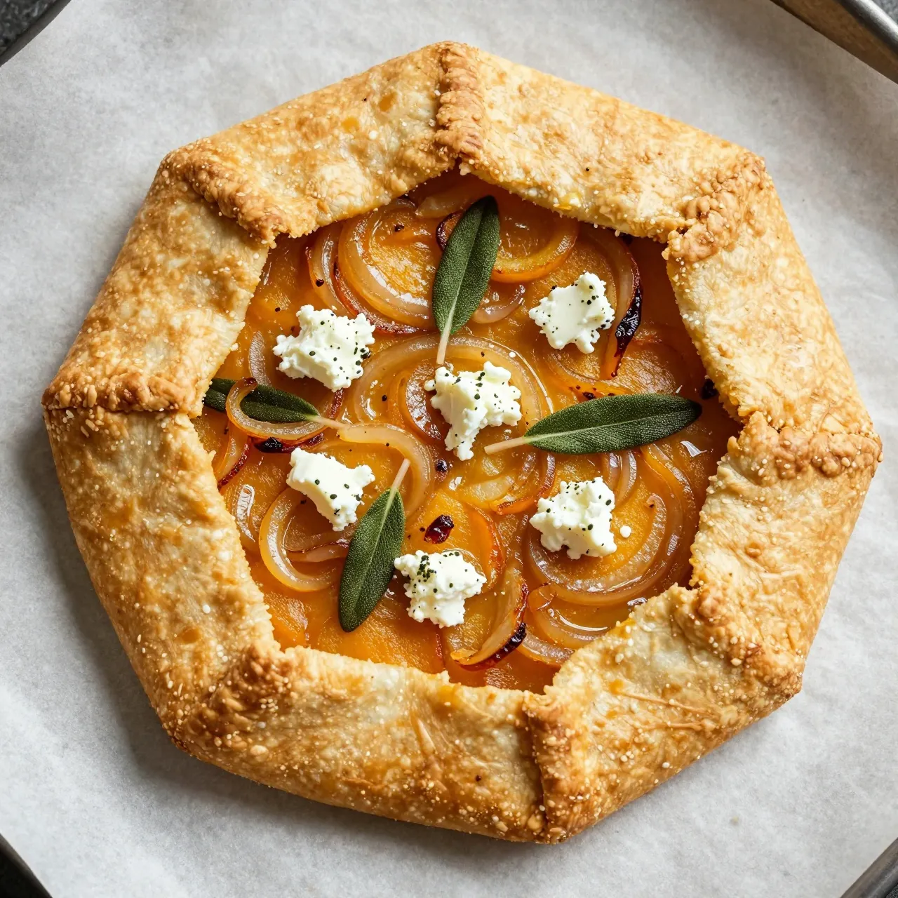 Overhead view of a rustic butternut squash galette topped with goat cheese, sage and caramelized onions on parchment