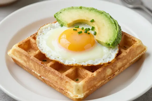 Square savory waffle topped with fried egg, avocado slice and chives on a white plate
