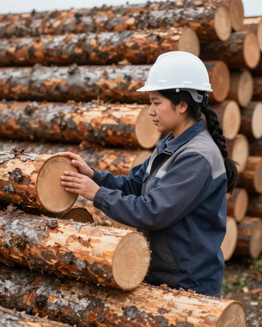 Woman in a white hard hat inspects a cut log end next to stacked timber at a sawmill yard