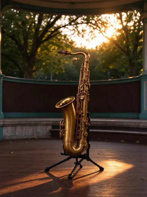 Brass saxophone resting on a black stand on an empty wooden park bandstand during warm golden hour sunset