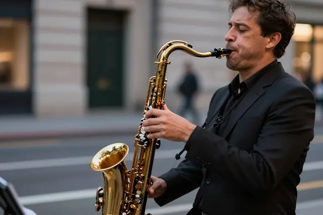 A man in a black suit plays a golden saxophone on a downtown city street at dusk
