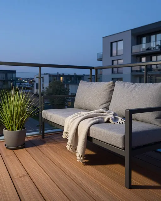 Cozy modern apartment balcony with gray outdoor sofa, potted grass and knit throw at blue hour dusk