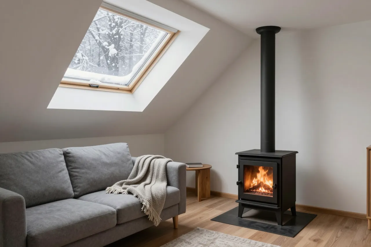 Cozy attic lounge with a lit wood stove, gray sofa, knit throw, and snow-framed skylight showing falling snow