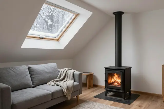 Cozy attic lounge with a lit wood stove, gray sofa, knit throw, and snow-framed skylight showing falling snow