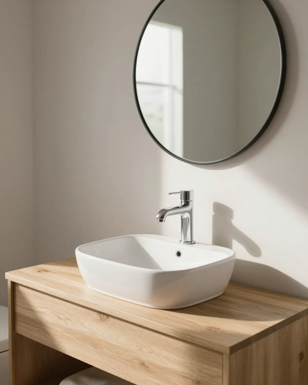 Pale oak vanity with white vessel sink and round black-framed mirror lit by soft morning sunlight