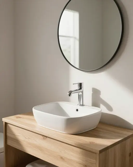 Pale oak vanity with white vessel sink and round black-framed mirror lit by soft morning sunlight