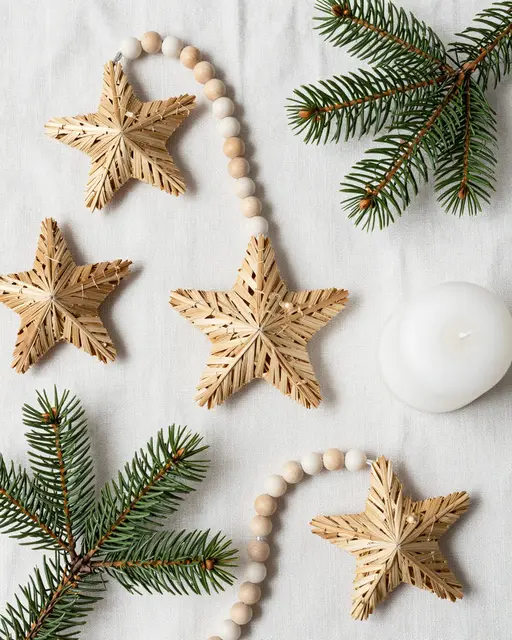 Straw star ornaments, wooden bead garlands, fir sprigs and a white candle rest on light linen fabric