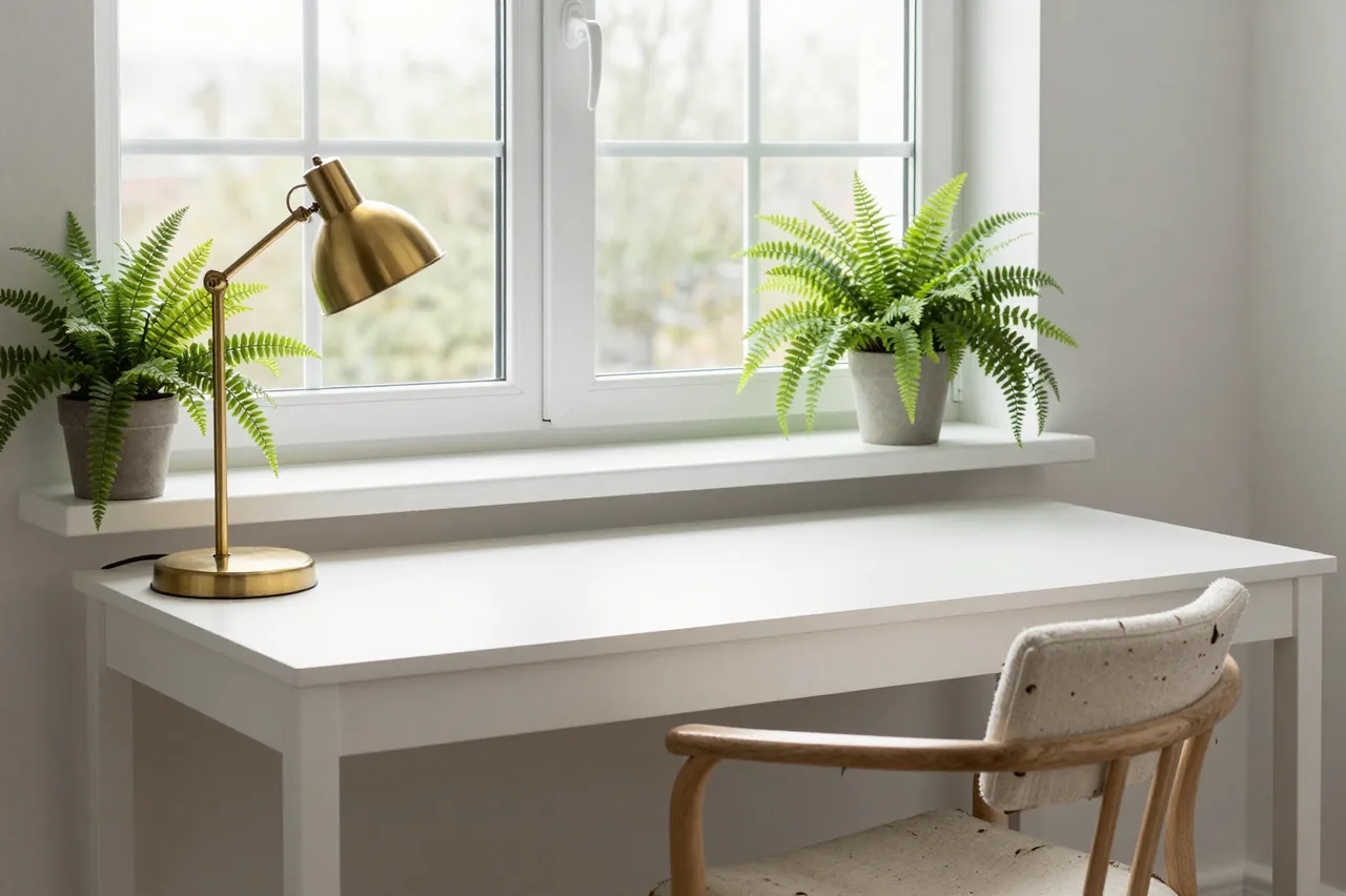 Bright minimalist home office nook with white desk, brass lamp, potted ferns and wooden chair below a window