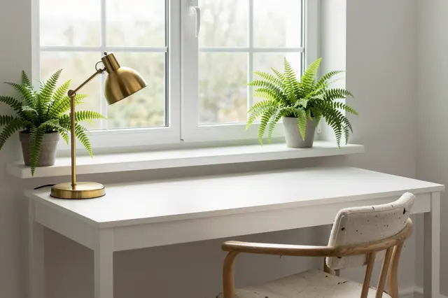 Bright minimalist home office nook with white desk, brass lamp, potted ferns and wooden chair below a window
