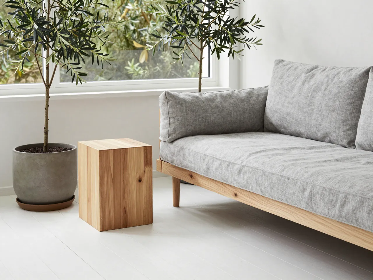 Bright minimalist sunroom with a gray linen daybed, birch side table and potted olive trees by a window.