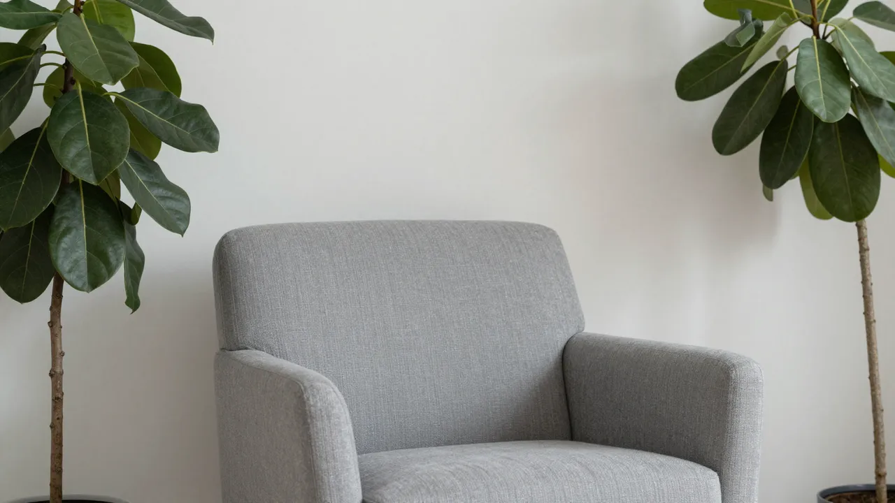Gray upholstered armchair flanked by two leafy fiddle leaf fig plants against a plain white wall